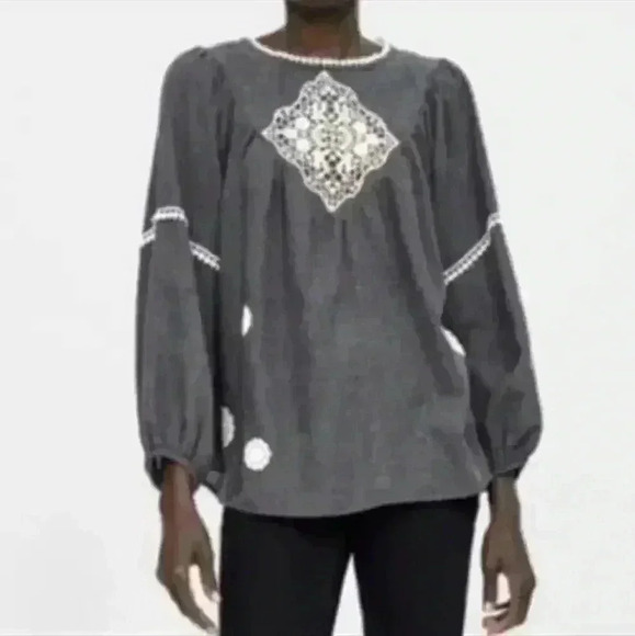 Zara false denim heather gray long sleeve boho crochet accent top - Picture 1 of 7